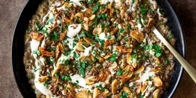 Prepare a rich and creamy tahini lentil dish for a satisfying vegetarian meal.